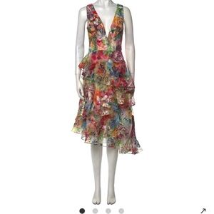 Marchesa Multicolor Embroidery Asymmetrical Tiered Midi Dress